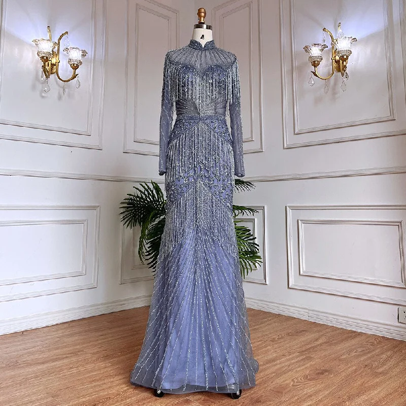 Evening dress with high-low hem-Serene Hill Muslim Blue Elegant Mermaid Beaded Tassel Dubai Long Evening Dresses Gowns For Women Wedding Party 2024 LA71986