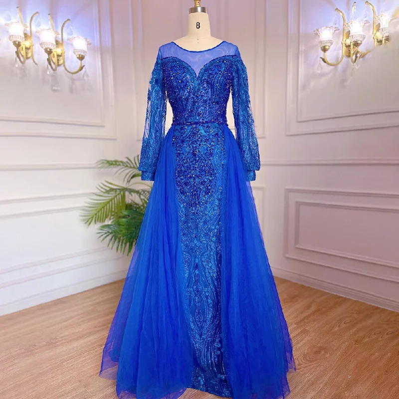 Bohemian evening dress-Serene Hill Muslim Blue Elegant Mermaid Luxury Evening Dresses Gowns Beaded Over Skirt 2024 For Women Party LA71891