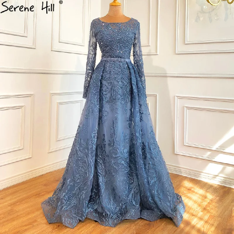 Evening dress with asymmetrical hem-Serene Hill Muslim Blue  Lace Beaded Luxury Evening Dresses Gowns 2024 O-Neck Mermaid Elegant For Women Party LA70834