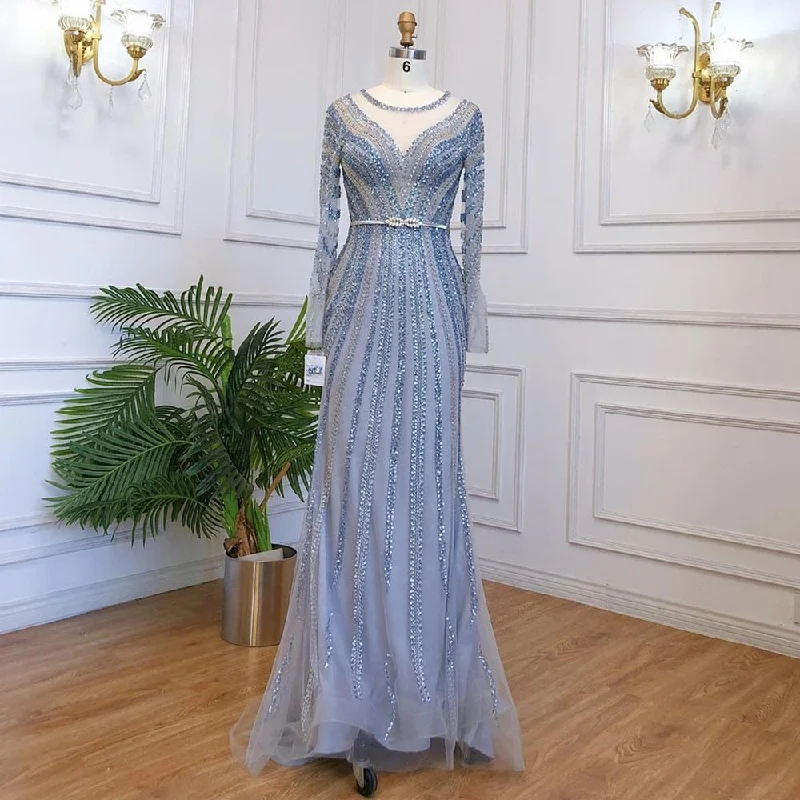 Evening dress for black tie-Serene Hill Muslim Blue Luxury Evening Dresses Gowns 2023 Mermaid Elegant Beaded For Women Party LA71374A