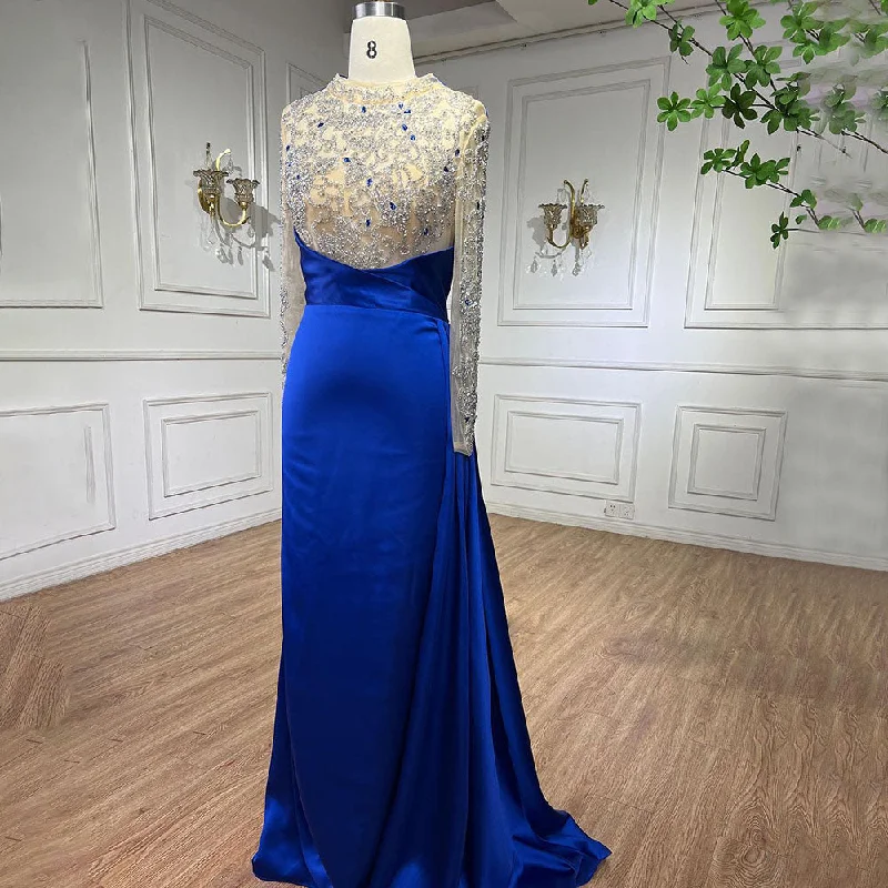 Evening dress with beaded bodice-Serene Hill Muslim Blue Mermaid Luxury Beaded Arabic Elegant Long Evening Dresses Gowns For Women Wedding Party 2024 LA72107