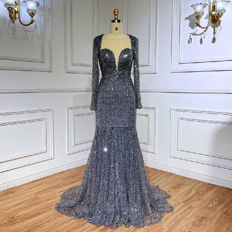 Evening dress with fishtail-Serene Hill Muslim Blue Mermaid Sparkle Sequin Beaded Luxury Evening Dresses Gowns For Women Wedding Party 2024 LA71486