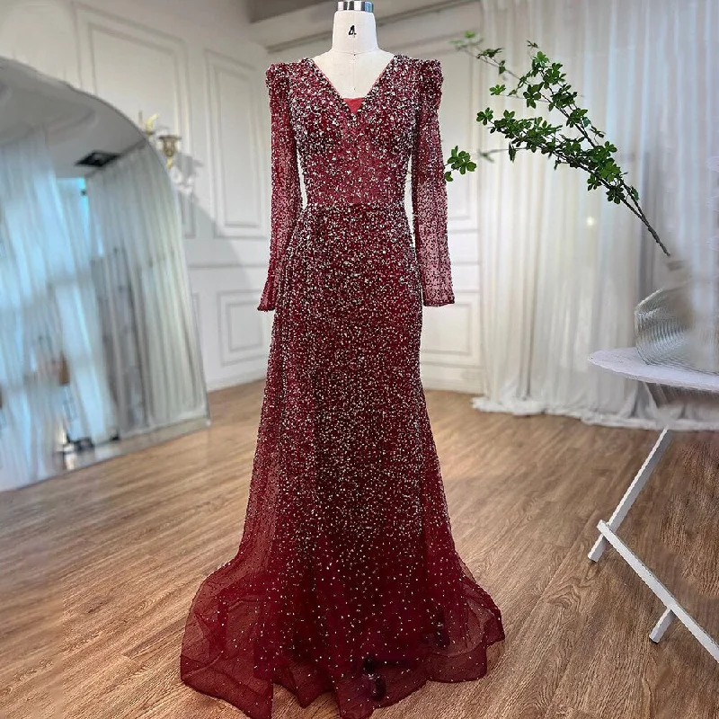 Evening dress for prom-Serene Hill Muslim Designer Luxury Wine Red Mermaid V Neck Beaded Evening Dresses Gowns For Women Wedding Party 2024 LA72148