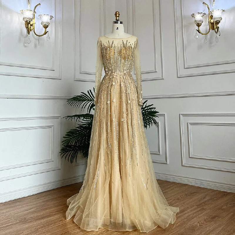 Evening dress with puff sleeves-Serene Hill Muslim Gold A Line Beaded Crystal Appliques Luxury Long Evening Dresses Gowns For Women Wedding Party 2024 LA71957