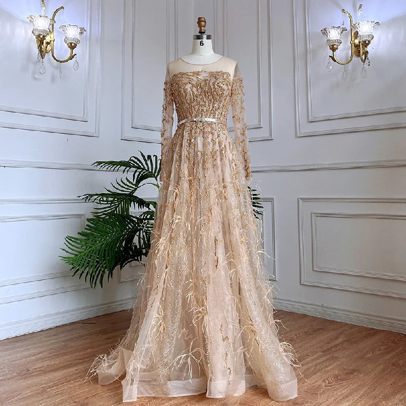 Evening dress with open back-Serene Hill Muslim Gold A Line Lace Beaded Feathers Arabic Luxury Evening Dresses Gowns 2024 For Women Wedding Party LA71935