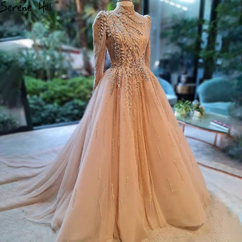 Evening dress with tiered layers-Serene Hill Muslim Gold Luxury Ball Gowns Evening Dress 2024 Long Sleeves Beading Women For Women Party  LA71013