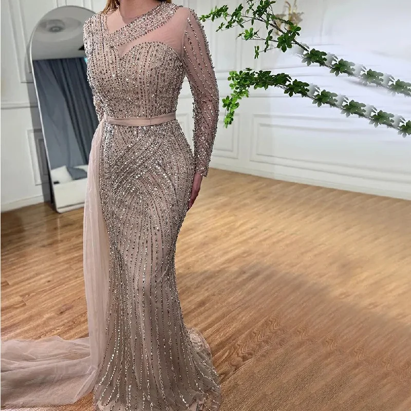 Evening dress with satin-Serene Hill Muslim Gold Mermaid Elegant Beaded Luxury Dubai Evening Dresses Gowns For Women Wedding Party 2024 LA71429