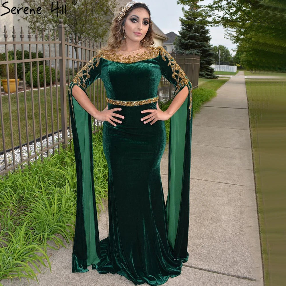 Evening dress with metallic thread-Serene Hill Muslim Green Cape Sleeves Evening Dresses Gowns 2024 Beaded Elegant Mermaid Velour for Women Party LA71452