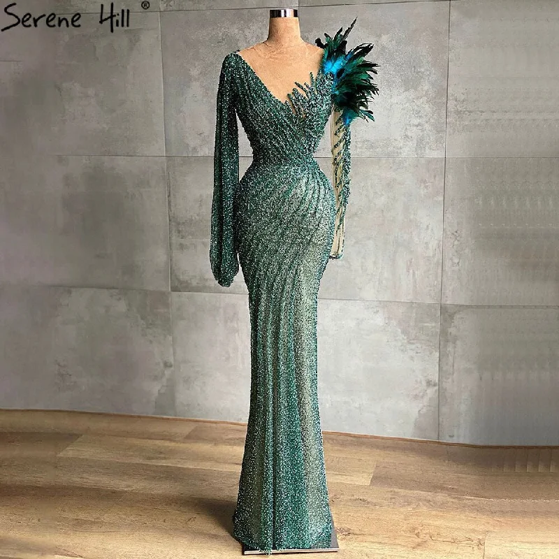 Evening dress for winter-Serene Hill Muslim Green Elegant Evening Dresses Gowns 2024 Feathers Beaded Mermaid For Women Wedding Party LA71194