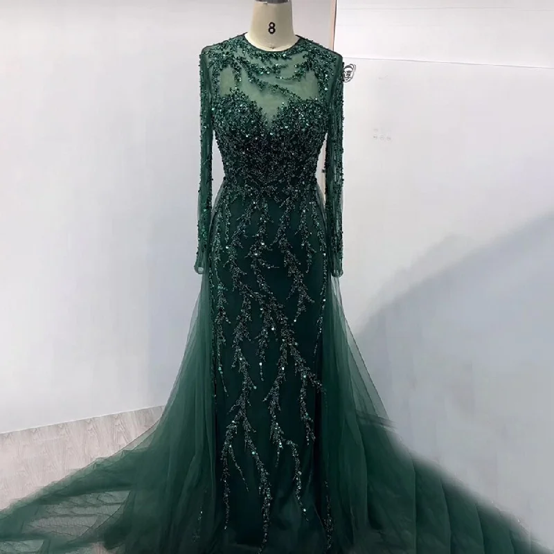 Halter neck evening dress-Serene Hill Muslim Green Elegant Mermaid Lace Beaded Luxury Long Evening Dresses Gowns For Women Wedding Party 2024 LA71653L