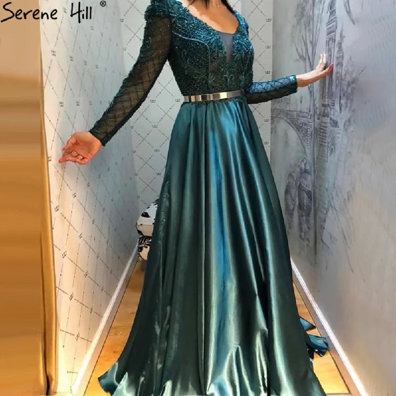 Off-white evening dress-Serene Hill Muslim Green Satin Evening Dresses Gowns 2024 Beaded A-Line For Women Wedding Party LA71252