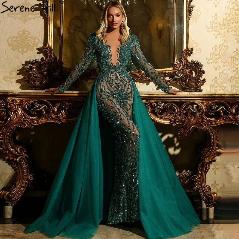 Evening dress with sheer panels-Serene Hill Muslim Green With Train Evening Dresses Gowns 2024 Mermaid Beading Elegant Luxury For Women Party LA71107