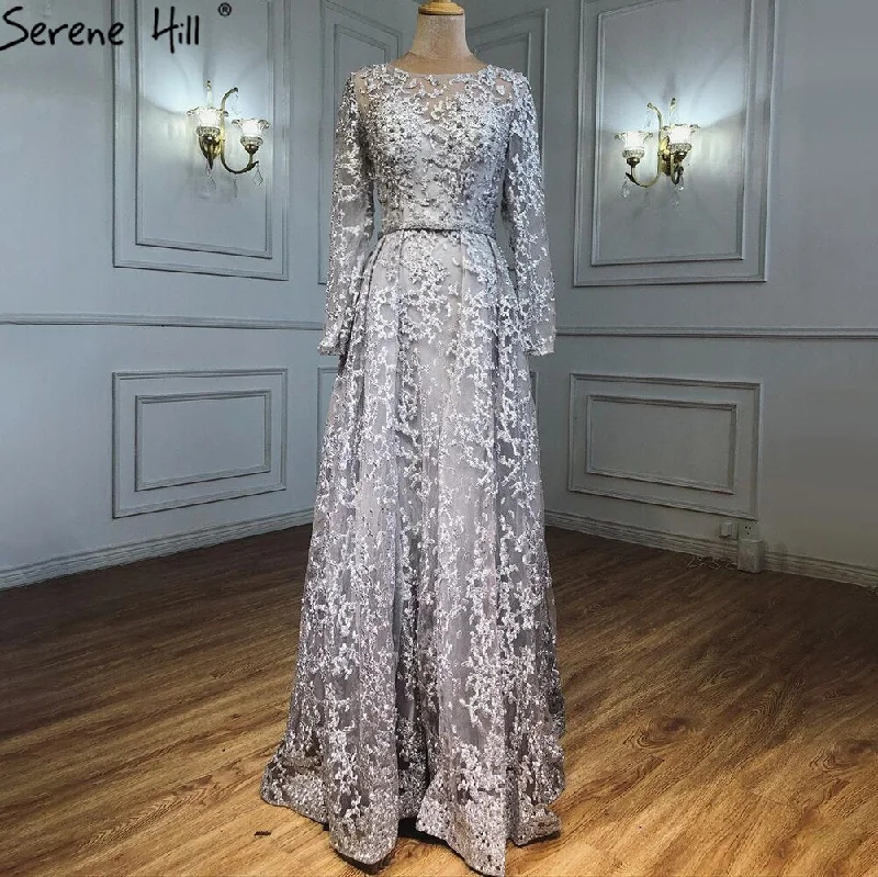 Sleeveless evening dress-Serene Hill Muslim Grey A-Line Evening Dresses Gowns 2024 Lace Beaded Luxury For Woman Wedding Party LA71211