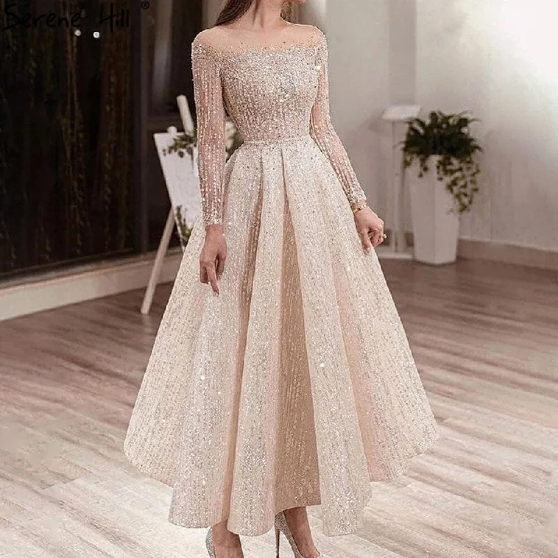 Evening dress with double straps-Serene Hill Muslim Ivory Luxury Evening Dresses Gowns 2024 A-Line Ankle-Length Beaded Formal Woman Wedding Party LA71111