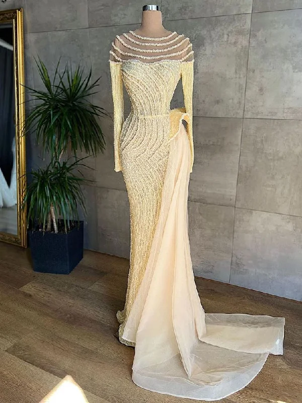 Evening dress with trumpet silhouette-Serene Hill Muslim Ivory Mermaid Elegant With Skirt O Neck Luxury Beaded Evening Gowns 2024 For Women Party LA71767