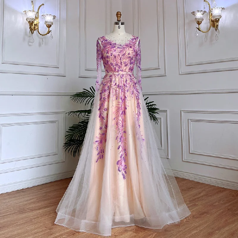 Evening dress with flared skirt-Serene Hill Muslim Lilac A Line O Neck Beaded Dubai Luxury Long Evening Dresses Gowns 2024 For Women Wedding Party LA71958