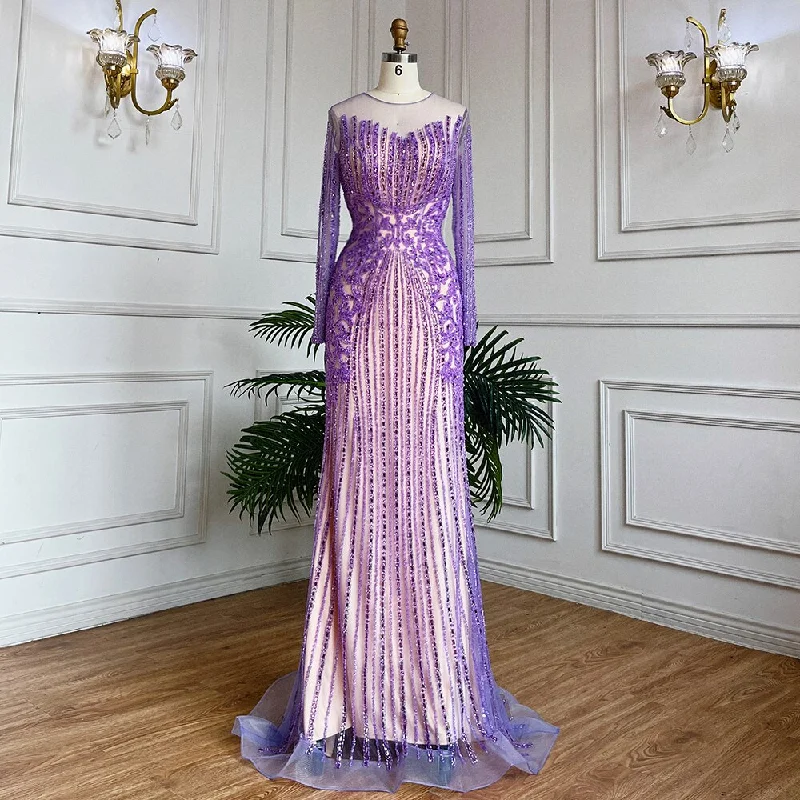 Evening dress with fringe-Serene Hill Muslim Lilac Mermaid Elegant Beaded Crystal Dubai Long Evening Dresses Gowns 2024 For Women Wedding Party LA71959