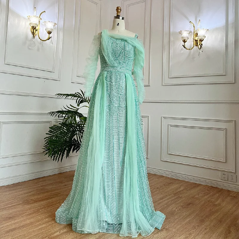 Evening dress with strapless design-Serene Hill Muslim Mint Over Skirt A Line Beaded Luxury Dubai Long Evening Dresses Gowns 2024 For Women Wedding Party LA71924