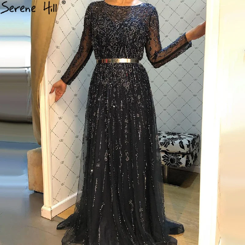 White evening dress-Serene Hill Muslim Navy Blue Luxury Evening Dresses Gowns 2024 A-Line Beaded Crystal For Women Party LA71145