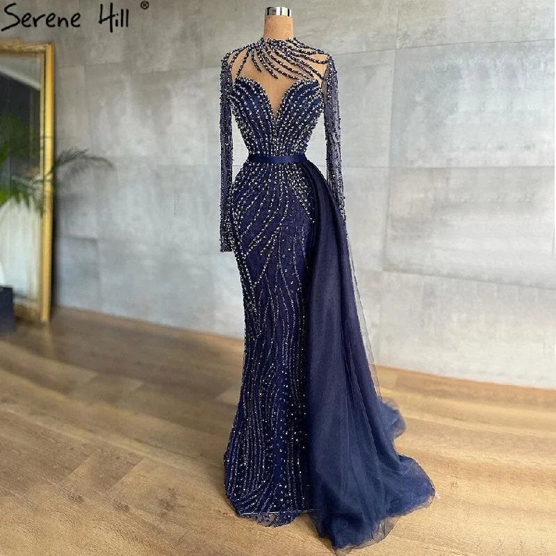 Evening dress with backless design-Serene Hill Muslim Navy Blue Luxury Evening Dresses Gowns 2024 Beaded Mermaid Elegant For Women Party LA71359