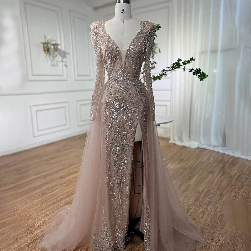 Evening dress with cape-Serene Hill Muslim Nude Elegant Merma V-Neck Beaded Luxury Evening Dresses Gowns 2024 For Women Wedding Party LA72141