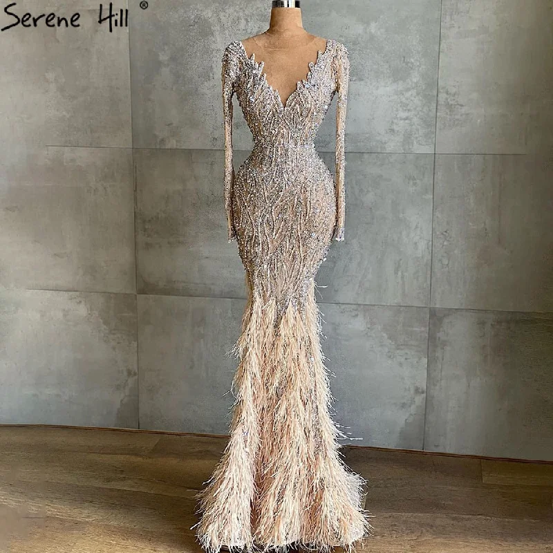 Evening dress with tulle overlay-Serene Hill Muslim Nude Meramid Luxury Evening Dresses Gowns 2024 Beading Feathers Elegant For Women Party LA71093