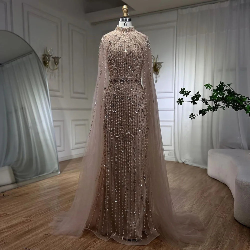 Evening dress with open back-Serene Hill Muslim Nude Mermaid Cape Sleeves Pearls Beaded Luxury Dubai Evening Dresses Gowns 2024 Women Wedding Party LA72372