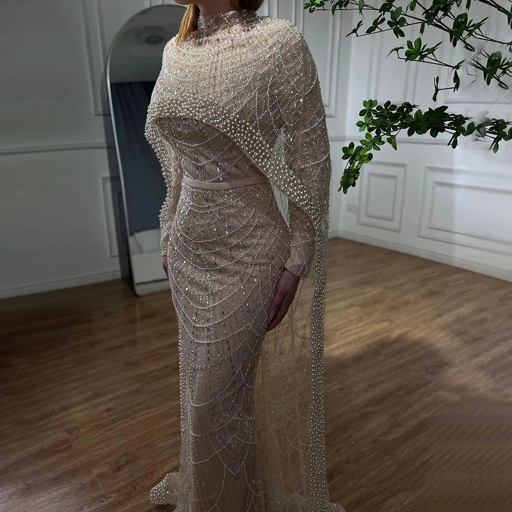 Evening dress with illusion neckline-Serene Hill Muslim Nude Mermaid Long Cape Dubai Arabia Luxury Evening Dresses Gowns for Women Wedding Party 2024 LA72032