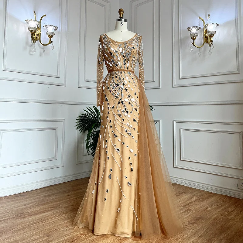 Evening dress with double straps-Serene Hill Muslim Nude Mermaid With Overskirt Beaded Long Evening Dresses Gowns For Woman  wedding Party 2024 LA71757