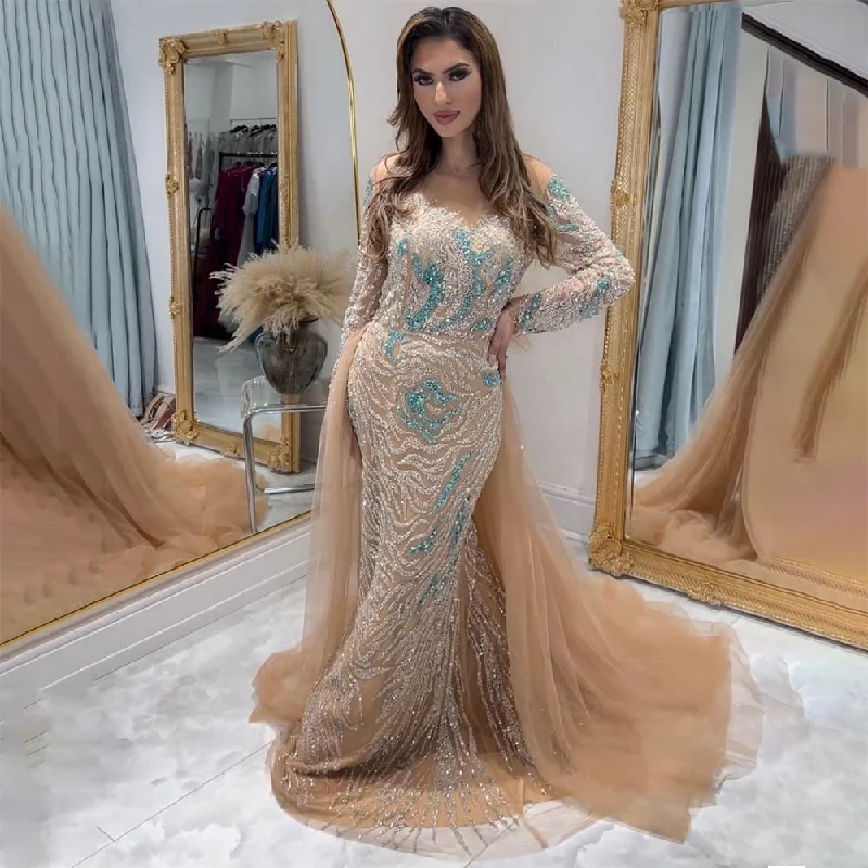 Evening dress with embellishments-Serene Hill Muslim Nude Mermaid With Overskirt Beaded Split Long Evening Dresses Gowns For Woman Wedding Party 2024 LA71995