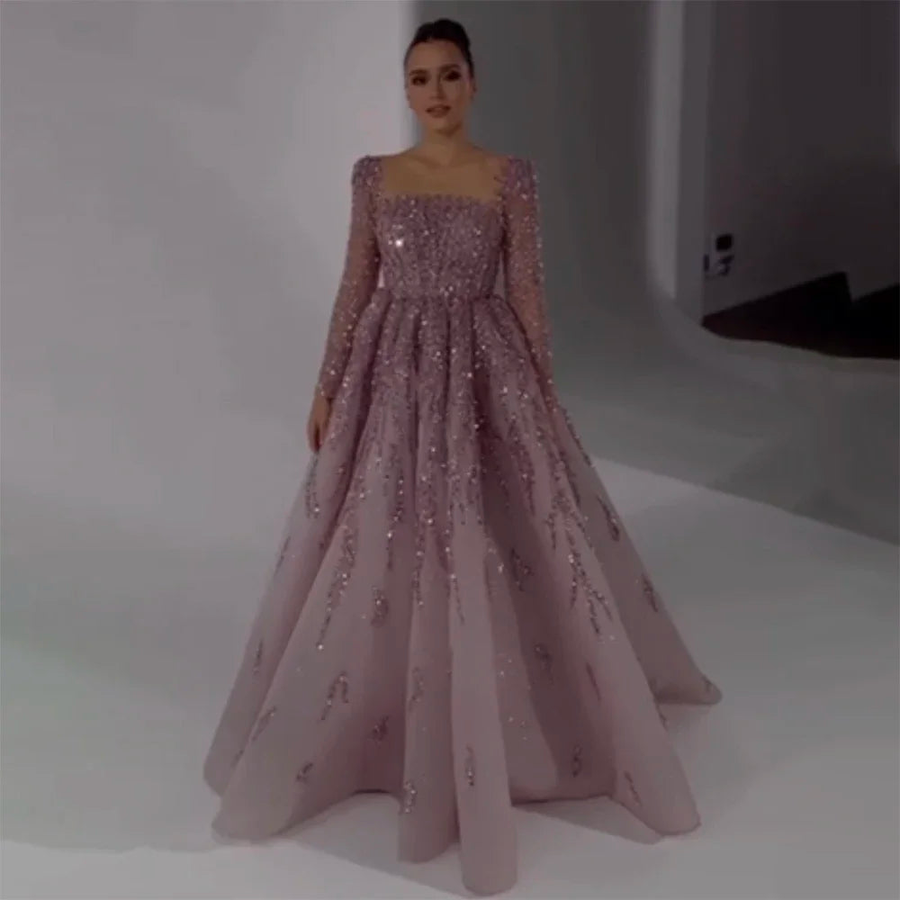 Evening dress with fishtail-Serene Hill Muslim Pink A Line Beaded Luxury Dubai Long Evening Dresses Gowns 2024  For Woman Wedding Party LA71915