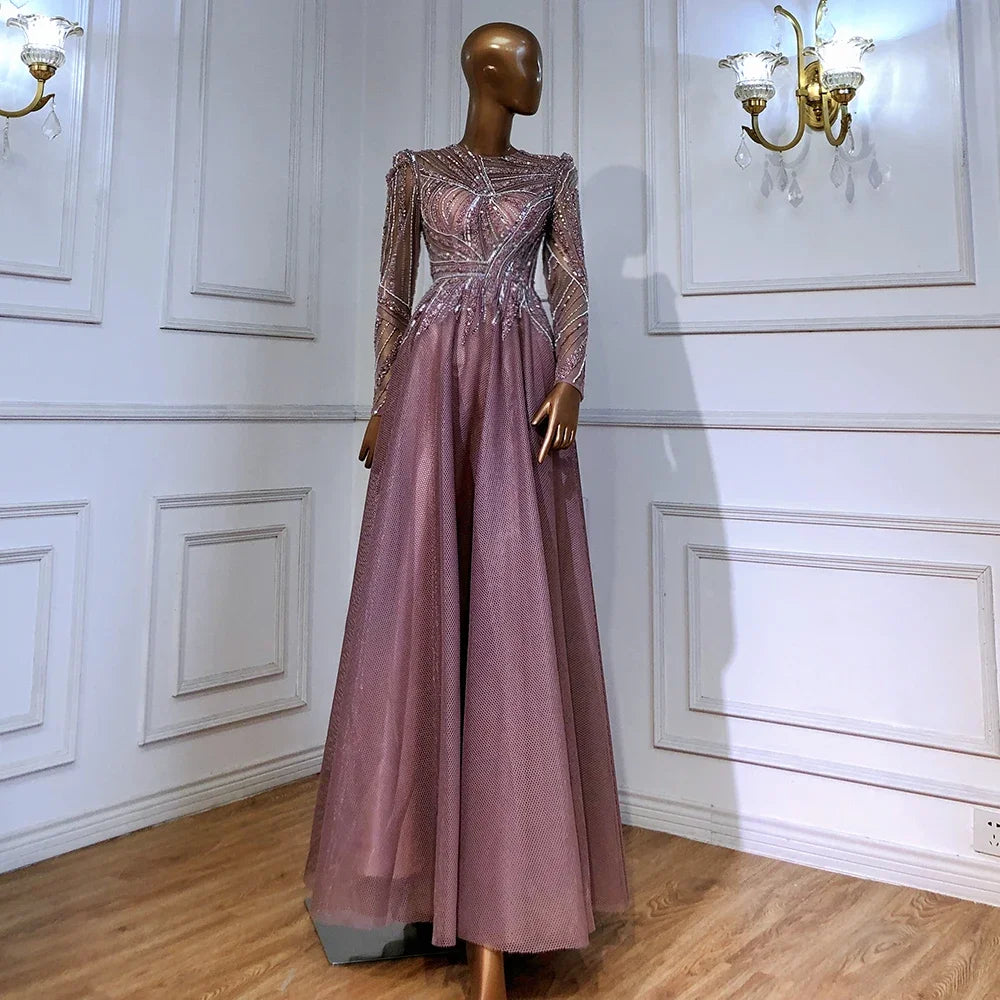 Bohemian evening dress-Serene Hill Muslim Pink  A-Line Beaded Luxury Evening Dresses Gowns 2024 For Women Wedding Party LA71290A