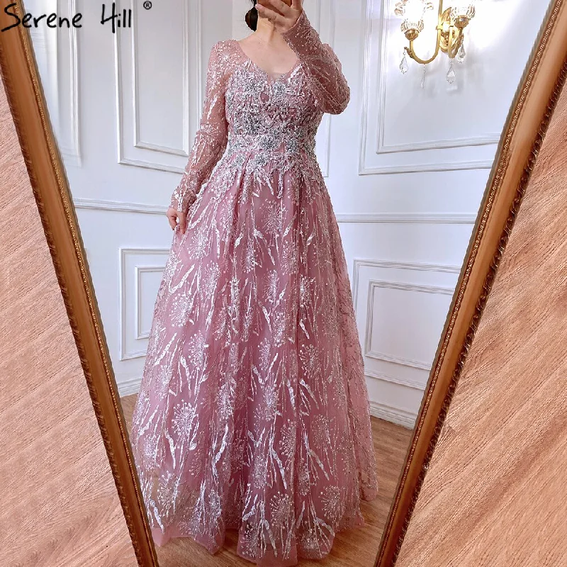 Evening dress with spaghetti straps-Serene Hill Muslim Pink Luxury Evening Dresses 2024 A-Line Beaded Long Sleeves For Women Party LA71311