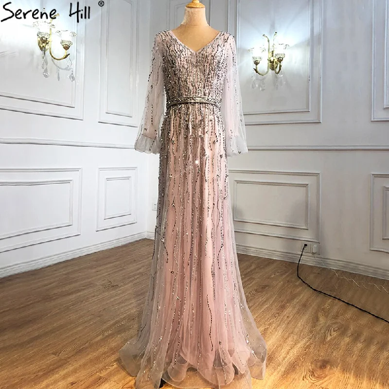 Evening dress with metallic thread-Serene Hill Muslim Pink Luxury Evening Dresses Gowns 2024 A-Line Beading Sparkle Sexy Formal Dress LA70972