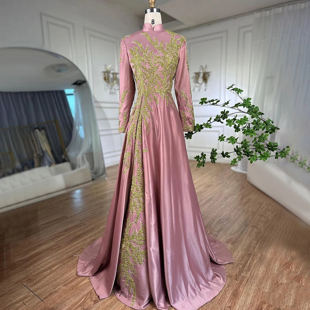 Evening dress with embroidery-Serene Hill Muslim Pink Mermaid Embroidery Satin Elegant Evening Dresses Gowns 2024 For Women Wedding Party LA72218