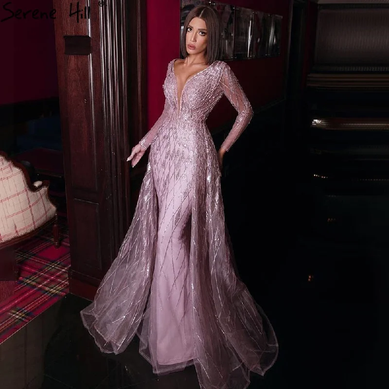 White evening dress-Serene Hill Muslim Pink Overskirt Evening Dresses 2024 Luxury Mermaid Beaded Elegant Party For Woman LA71197