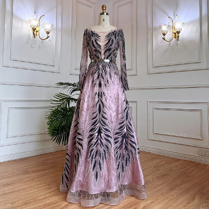 Evening dress with sleeves-Serene Hill Muslim Purple A Line Lace Beaded Arabic Luxury Evening Dresses Gowns 2024 For Women Wedding Party LA71930