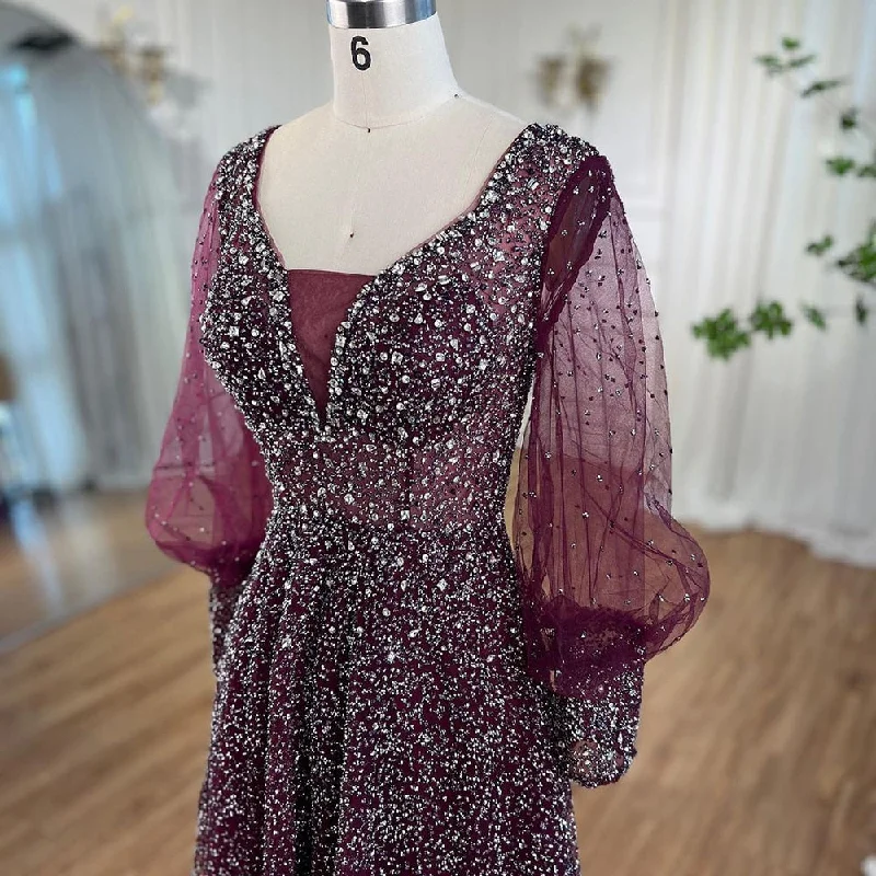 Evening dress for winter-Serene Hill Muslim Purple A Line Elegant Puff Sleeves Evening Dresses Gowns Luxury Beaded 2024 For Women Wedding Party LA72145