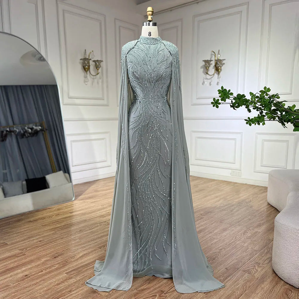 Evening dress with asymmetrical hem-Serene Hill muslim Sage Green Mermaid Cape Sleeves Beaded Satin Luxury Evening Dresses Gowns for Women Party 2024 LA72413A