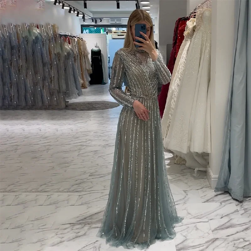 Evening dress with full skirt-Serene Hill Muslim Turquoise A Line Beaded Luxury Dubai Long Evening Dresses Gowns For Women Wedding Party 2024 LA71812