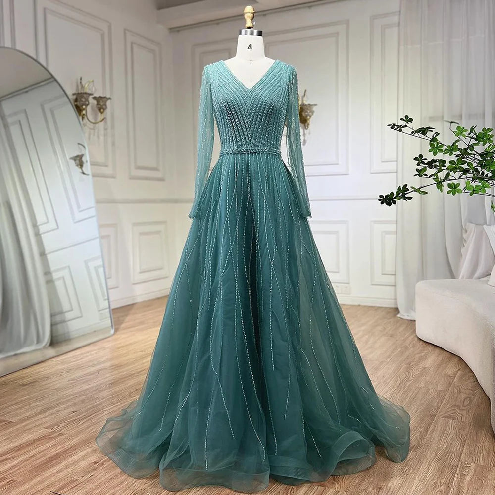 Sleeveless evening dress-Serene Hill Muslim Turquoise Elegant A Line Luxury Dubai Evening Dresses Beaded Formal Dress 2024 LA72228