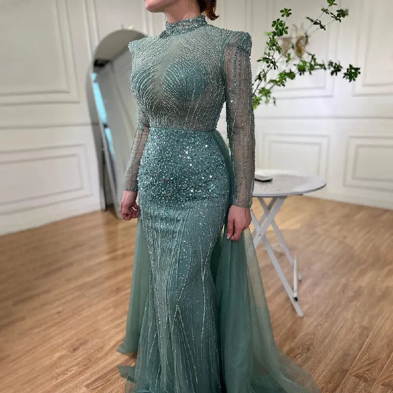 Plus size evening dress-Serene Hill Muslim Turquoise Elegant Mermaid With Overskirt Beaded Evening Dresses Gowns 2024 For Women Wedding Party LA72166