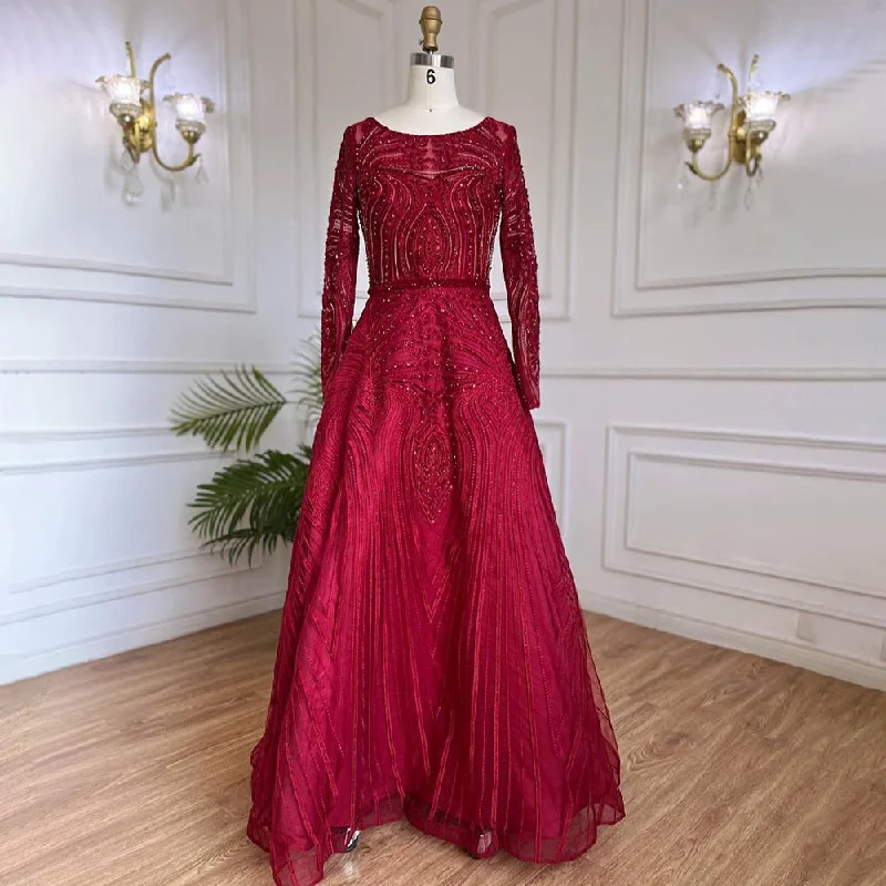 Evening dress with sheer panels-Serene Hill Muslim Wine Red Luxury Evening Dresses Gowns 2024 A-Line Beaded For Women Wedding Party LA71873