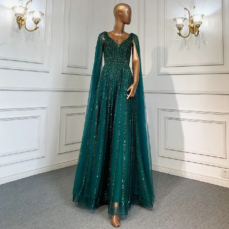 Evening dress with embroidery-Serene Hill Nude Arabic Luxury Cape Sleeves Evening Dresses Gowns A-Line Beaded Sexy 2024 For Women Party LA71567