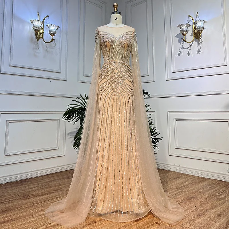 Evening dress with bow-Serene Hill Nude Arabic Mermaid Cape Sleeves O-neck Beaded Evening Dresses Luxury Gowns 2023 For Women Wedding Party LA72012