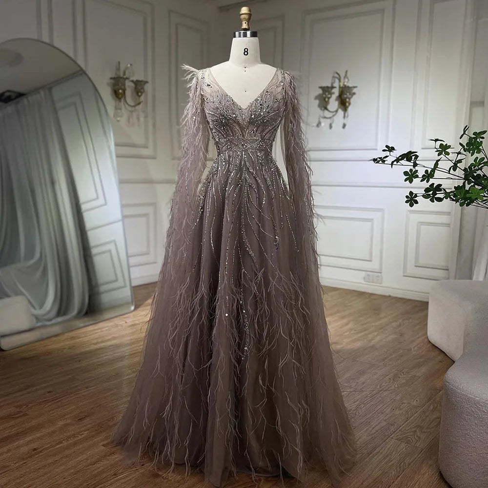 Silver evening dress-Serene Hill Nude Cape Sleeves Elegant A Line Luxury Beaded Feathers Evening Dresses Gowns For Women wedding Party 2024 LA72304