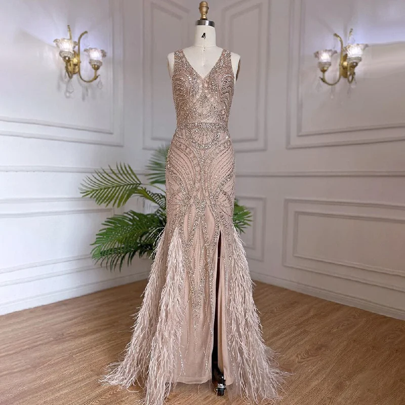 Evening dress with crystals-Serene Hill Nude Luxury Mermaid Evening Dresses Gowns 2024 Beaded Feather Elegant For Women Wedding Party LA71868