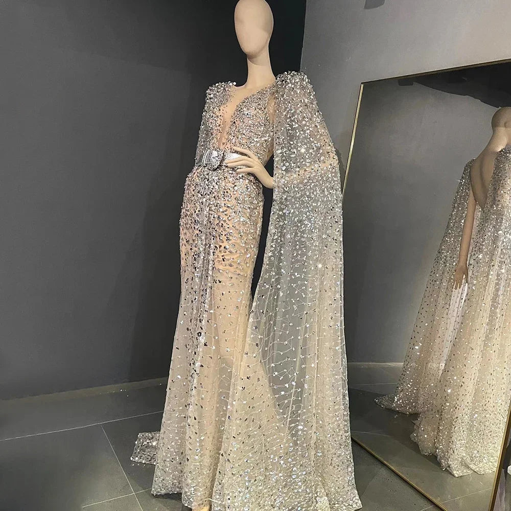 Evening dress with lace applique-Serene Hill Nude Mermaid Evening Gown with Luxury Cape Sleeves Beaded Elegance and Backless for Women's Party 2024 LA71561