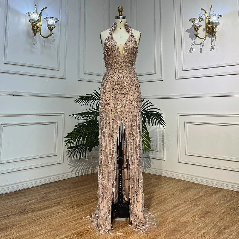 Evening dress with beaded details-Serene Hill Nude Mermaid Sexy Halter High Split Beads Arabic Evening Dresses  Gowns For Women Wedding Party 2024 LA72024