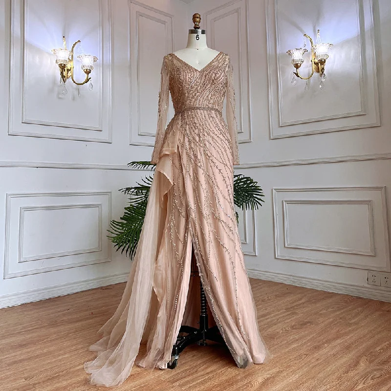 Evening dress with lace applique-Serene Hill Nude Mermaid Sexy High Split With Skirt Beaded Long Evening Dresses Gowns For Women Wedding Party 2024 LA71944